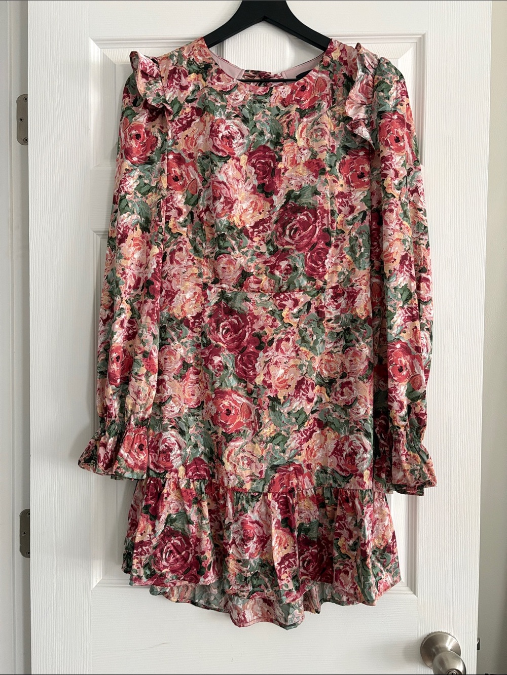 Aakaa Rose Garden Ruffle Neck Mini Dress - Pink & Green
